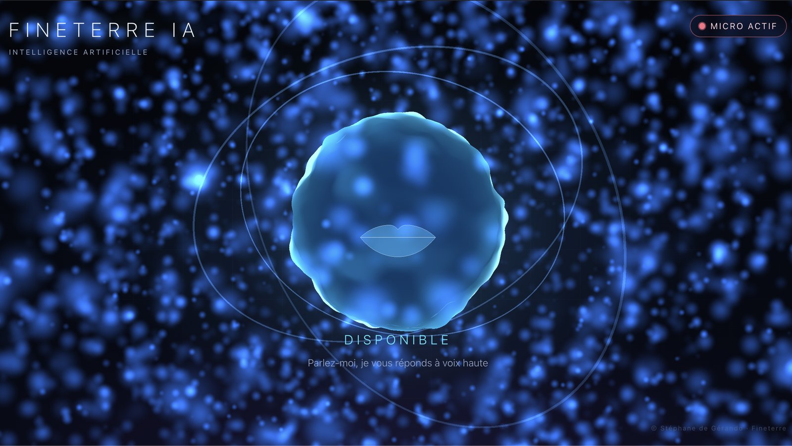 Fineterre IA : l'interface de l'intelligence artificielle, micro actif, prête à dialoguer
