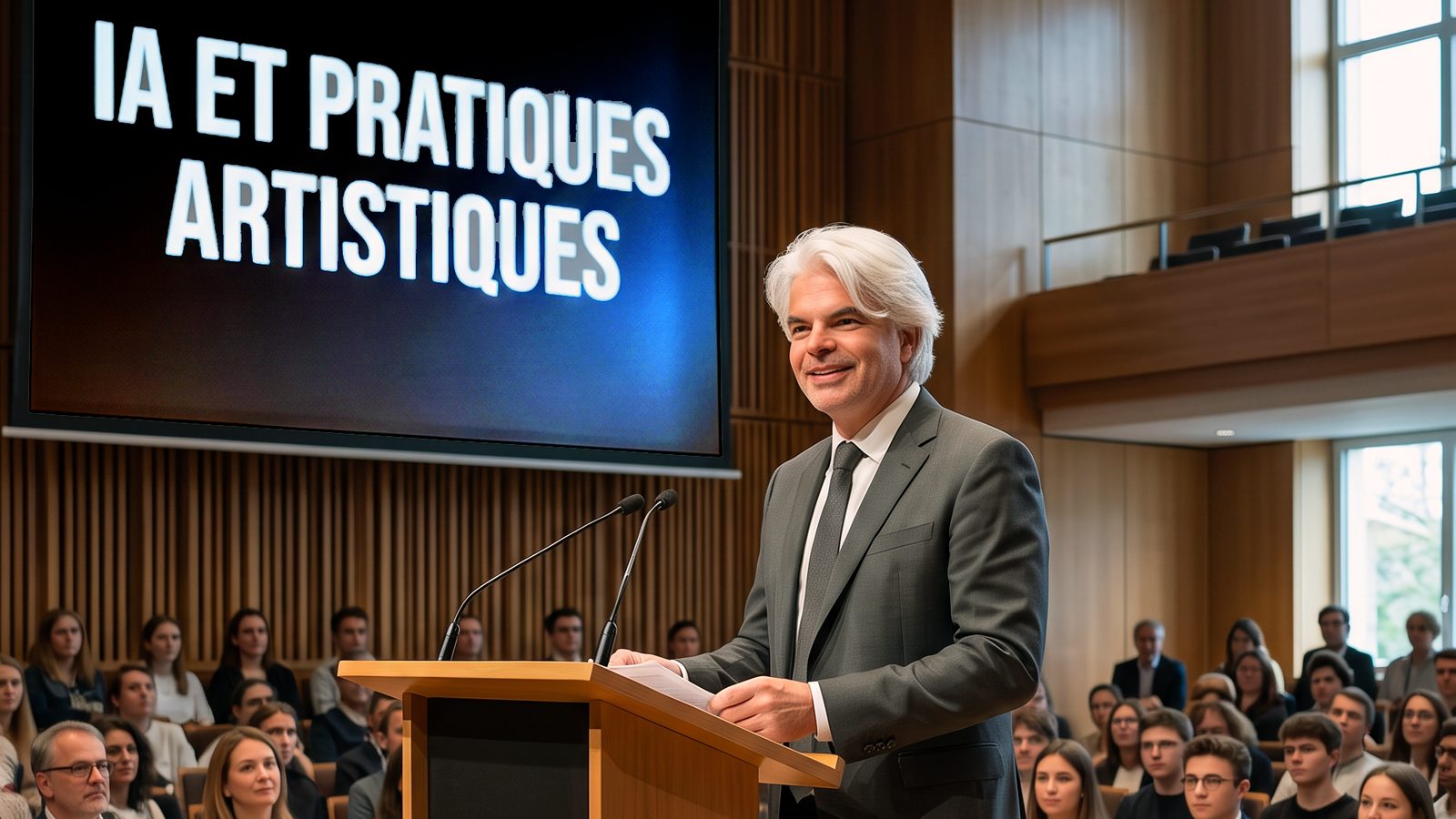 Intelligence artificielle et pratiques artistiques : Stéphane de Gérando en conférence (image générée par IA)