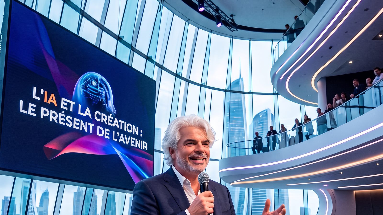 Stéphane de Gérando en conférence devant l'écran « L'IA et la création : le présent de l'avenir » (image générée par IA)